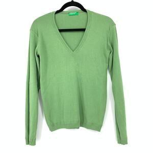 United Colors Of Benetton Pullover V-Neck Sweater Womens Sz L Green Long Sleeve